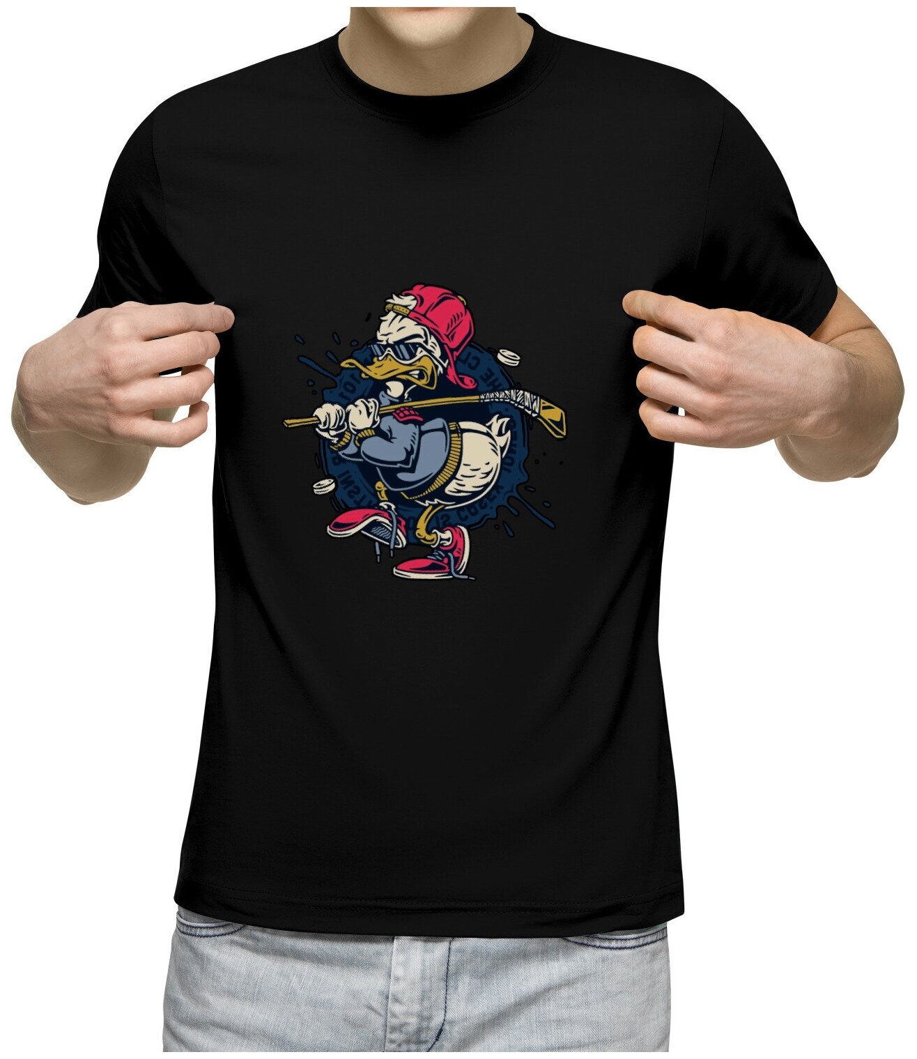 Мужская футболка «Утка хоккей клюшка спорт шайба рисунок»