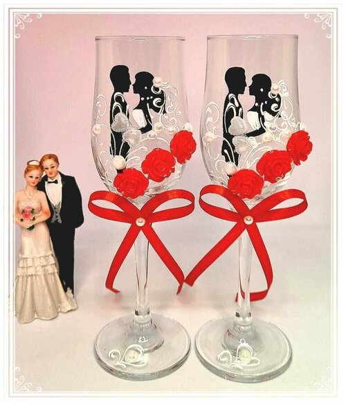 Свадебные бокалы с розочками в красном цвете 23 см/фужеры для шампанского/ бокалы свадебные/свадьба/бокалы молодоженов/свадьба/свадебные аксессуары