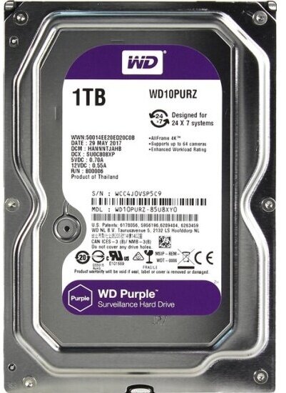 Жесткий диск 3.5" Western Digital WD Purple 1 ТБ, SATA III, 64 Mb, 5400 rpm (WD10PURZ)