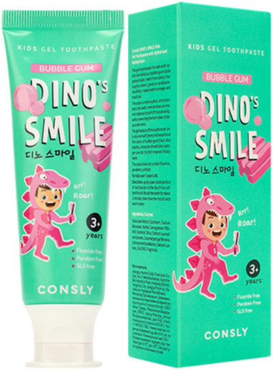 Детская гелевая зубная паста DINOs SMILE c ксилитом и вкусом жвачки, 60г, Consly