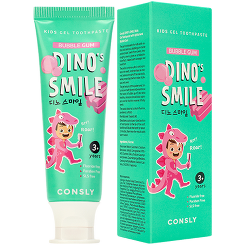 Детская гелевая зубная паста DINO's SMILE c ксилитом и вкусом жвачки, 60г, Consly consly паста зубная гелевая детская dino s smile с ксилитом и вкусом жвачки 60г 2 штуки