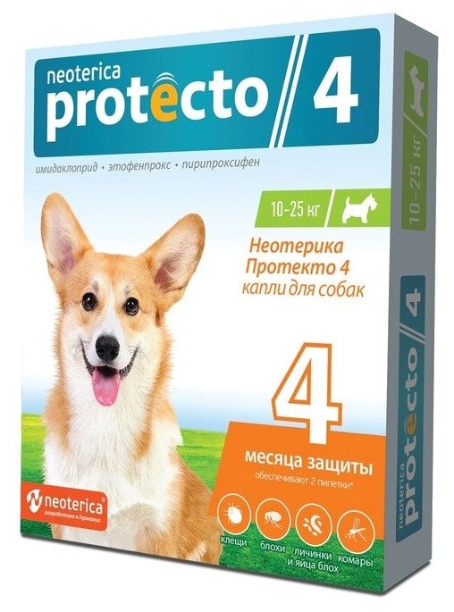 Neoterica раствор от блох и клещей Protecto 4 для щенков, собак, кошек, для домашних животных от 10 до 25 кг 2 шт. в уп., 1 уп.