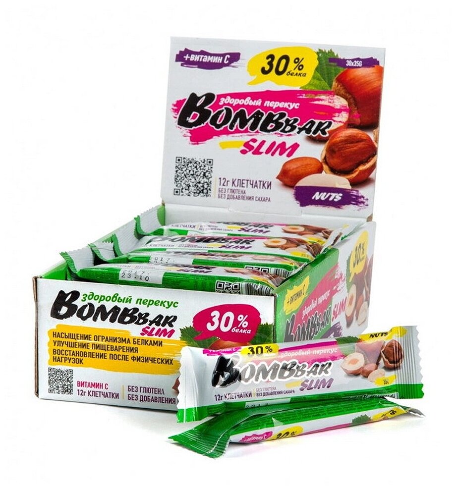 Bombbar, Протеиновый батончик Slim + Vitamin C (35 г)(30 шт.) (фундук-арахис)