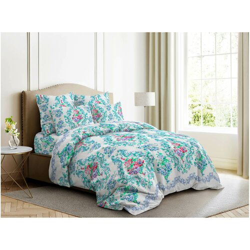 фото Постельное белье 2-спальное с европростыней ночь нежна нежная роза, бязь, 2 наволочки 70 х 70 см, голубой