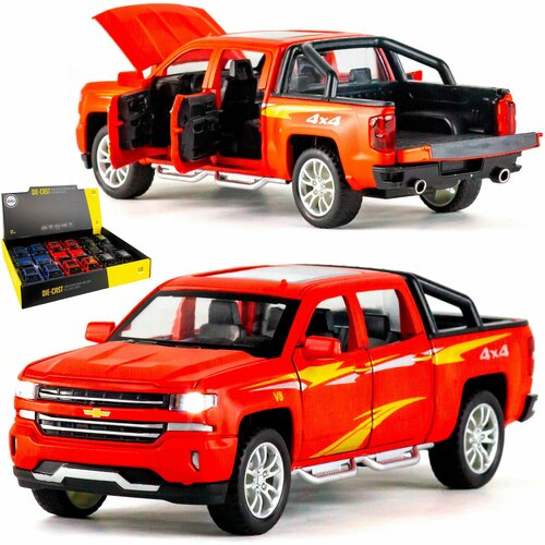 Металлическая машинка игрушка 1:32 Chevrolet Silverado (Шевроле Сильверадо) 18.4 см. инерционная, свет, звук / Красный