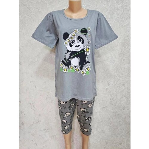 фото Комплект simona, бриджи, футболка, застежка отсутствует, короткий рукав, карманы, пояс на резинке, трикотажная, размер 52-54, серый