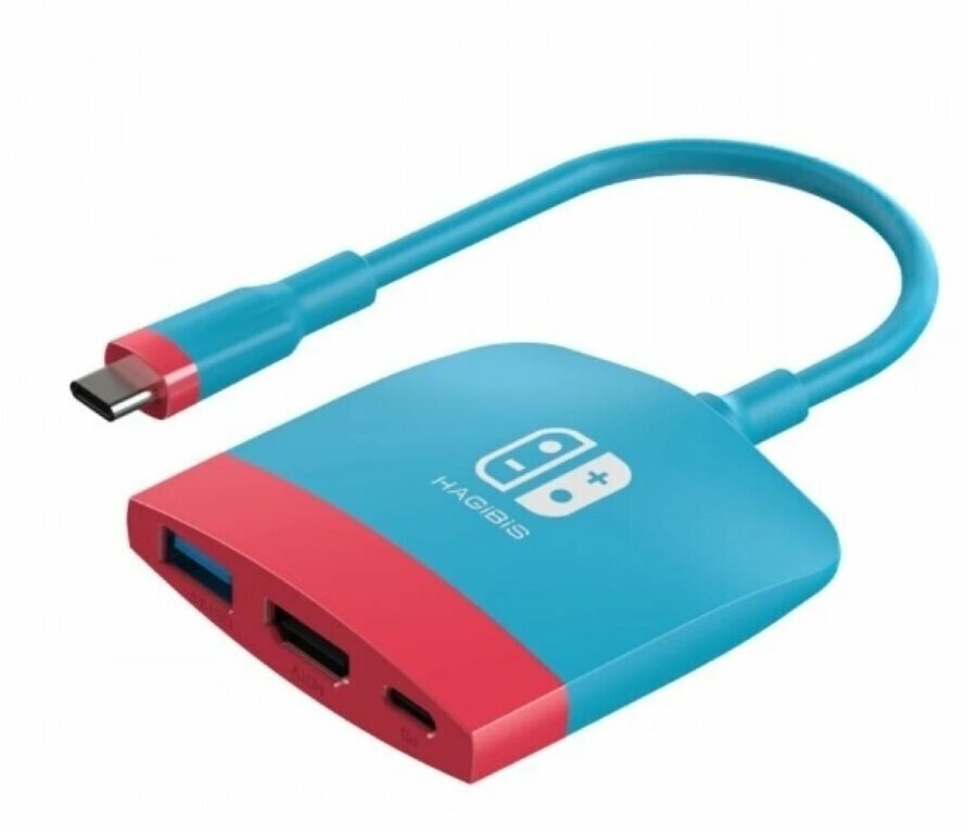 Док-станция Hagibis для подключения Nintendo Switch / OLED к телевизору ТВ конвертер Type-C USB3.0 + HDMI + источник питания PD100W Синяя с красным