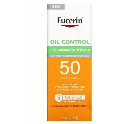 Eucerin, Oil Control, легкий солнцезащитный лосьон для лица, SPF 50, 75 мл легкий солнцезащитный лосьон eucerin age defense spf 50 75 мл
