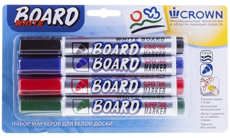 Набор маркеров для белых досок Crown "Multi Board" 4 цвета, пулевидный, 3 мм, блистер (CBM-1000-B/чсзк)