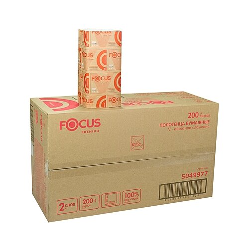 Полотенце бумажное листовое 2-сл 200 лист/уп, 15 уп, 230х230 мм V-сложения FOCUS PREMIUM белое HAYAT