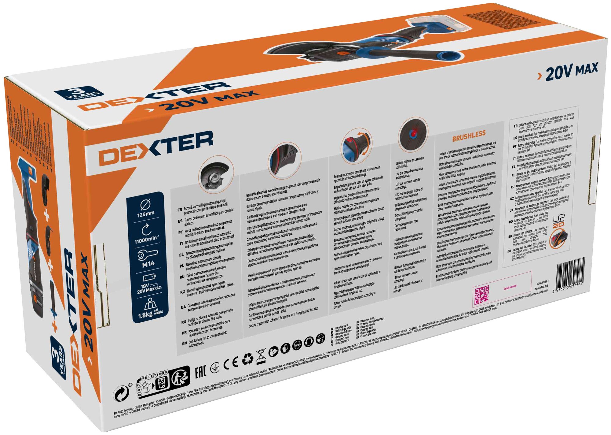 УШМ (болгарка) аккумуляторная бесщеточная Dexter 20VAG3-125BL.1, 20 В Li-ion, 125 мм - фотография № 10