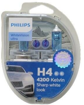 Лампа галогенная H4 12В- 60/55W (P43t) White Vision ultra 2шт (Philips)