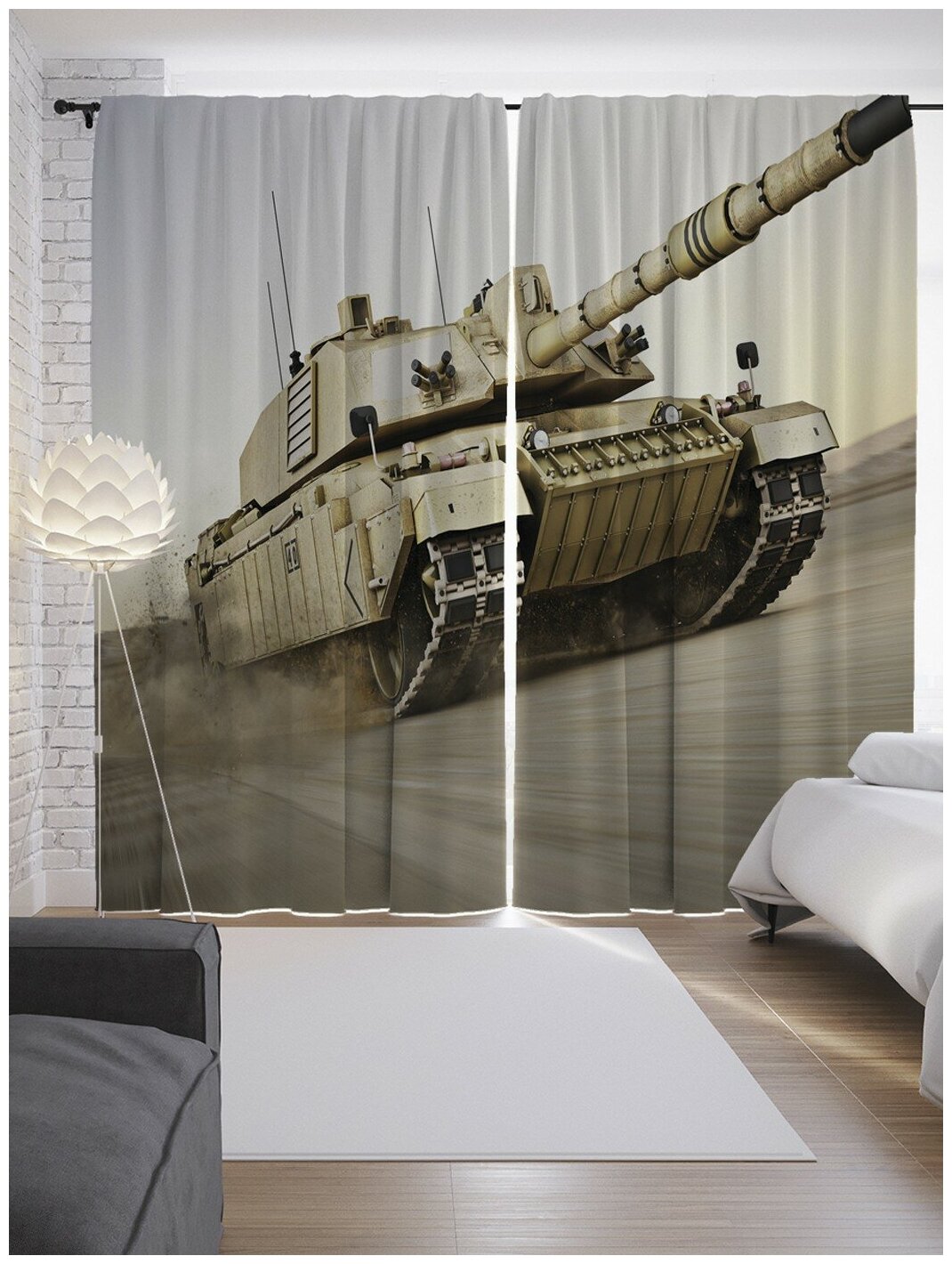 Шторы, фотошторы JoyArty "Быстрый танк" из ткани сатен, 2 полотна 145x265 см, шторная лента и крючки