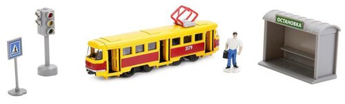 Трамвай ТЕХНОПАРК SB-17-14-A-WB, 16.5 см, красный/желтый