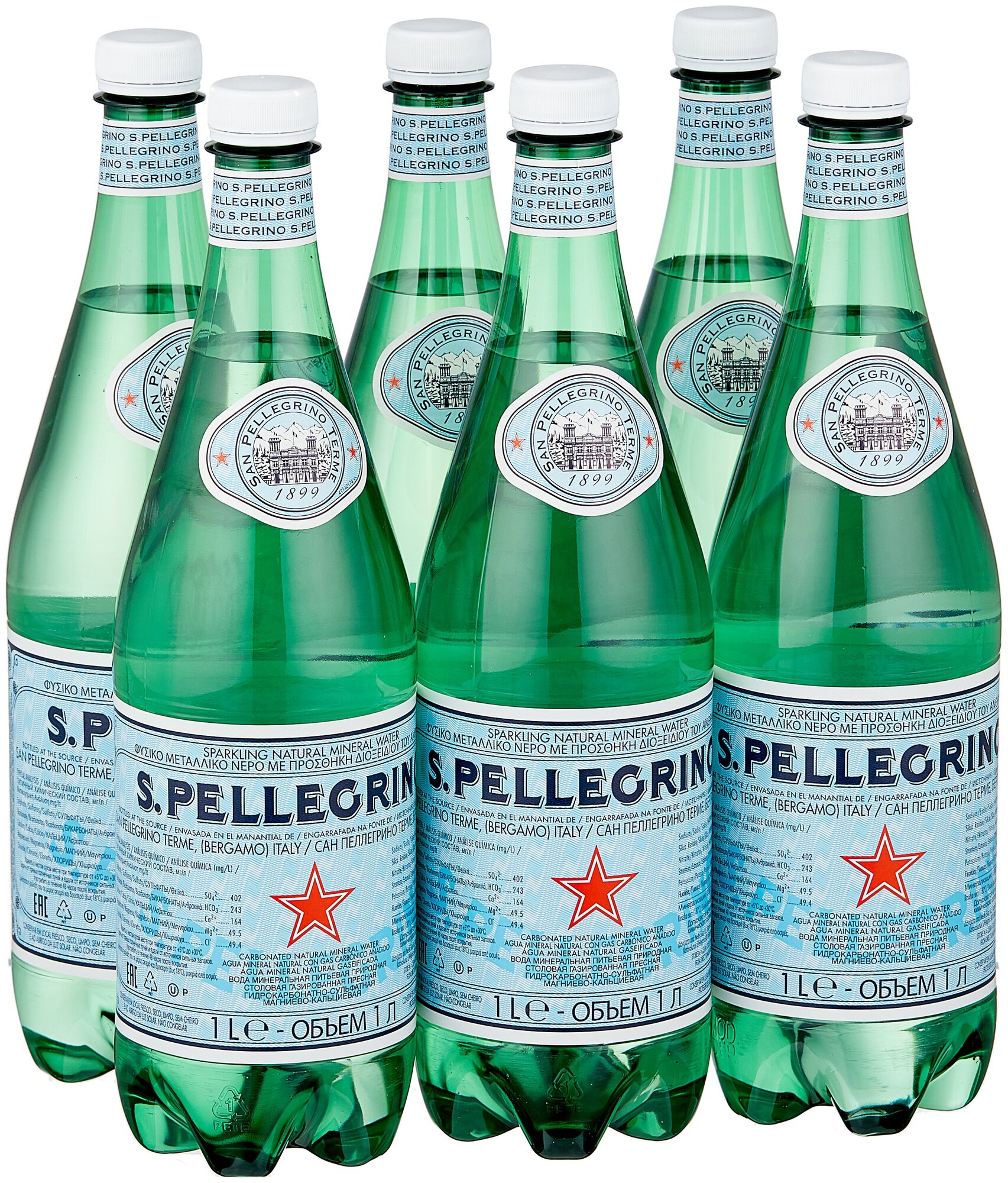 Минеральная вода S. Pellegrino газированная, ПЭТ, без вкуса, 6 шт. по 1 л