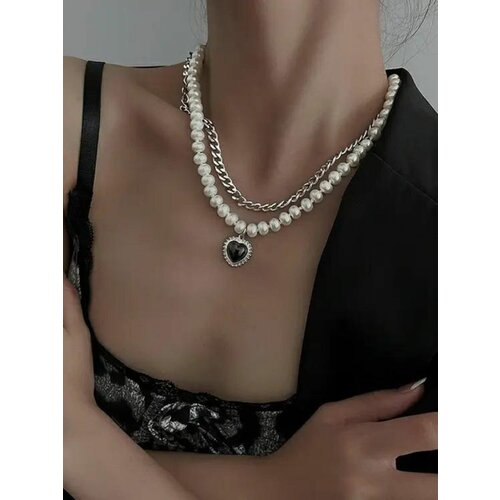 Колье жемчуг с сердцем, длина 54 см, серебряный, черный