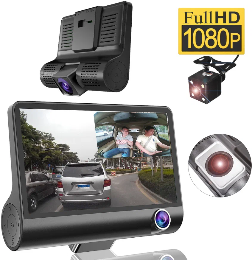 Автомобильный видеорегистратор c 3 камерами включая салон / Запись HD-видео / Процессор Ambarella (70CPU) / G-Sensor и парковка