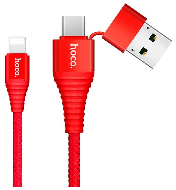 Кабель USB - 8 pin, микро USB HOCO U26, 1.0м, 2.4A, 2 в 1, нейлон, цвет: красный
