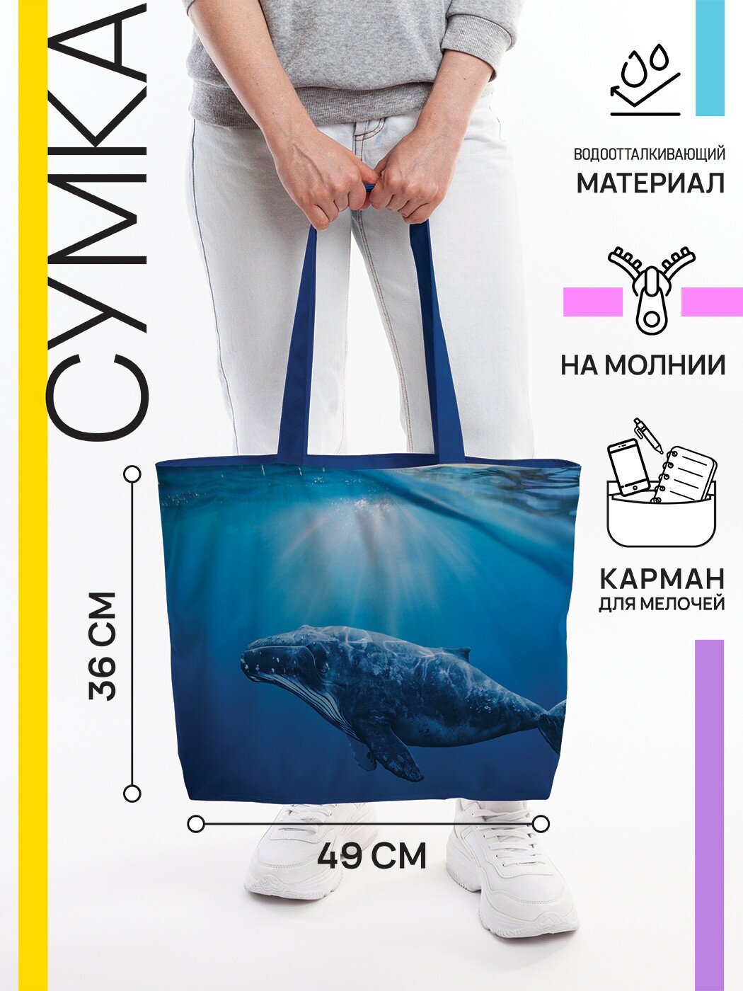 Текстильная женская сумка JoyArty "Задумчивый кит" на молнии для пляжа и фитнеса - фотография № 1
