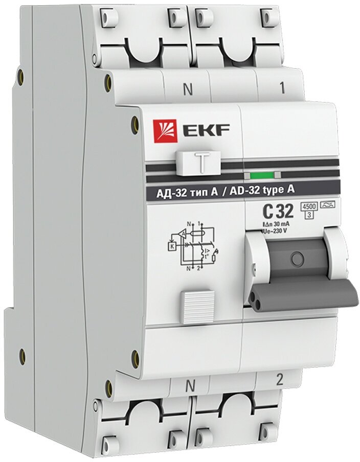 Автомат дифференциальный EKF PROxima АВДТ-32 32А 30 мА 1P+N тип A 45 кА (DA32-32-30-a-pro)