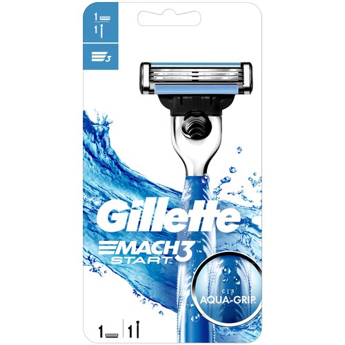 Gillette Mach3 Start Мужская Бритва , 1 кассета, с 3 лезвиями, прочнее, чем сталь, для точного бритья, с ручкой Aqua-Grip