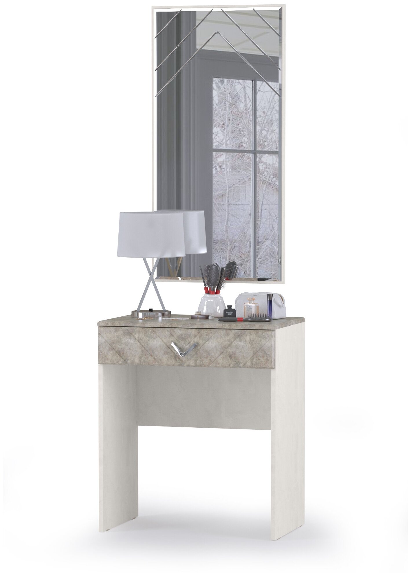 Стол туалетный с зеркалом Амели, цвет шёлковый камень/бетон чикаго беж, ШхГхВ 65х41х185 см. - фотография № 1