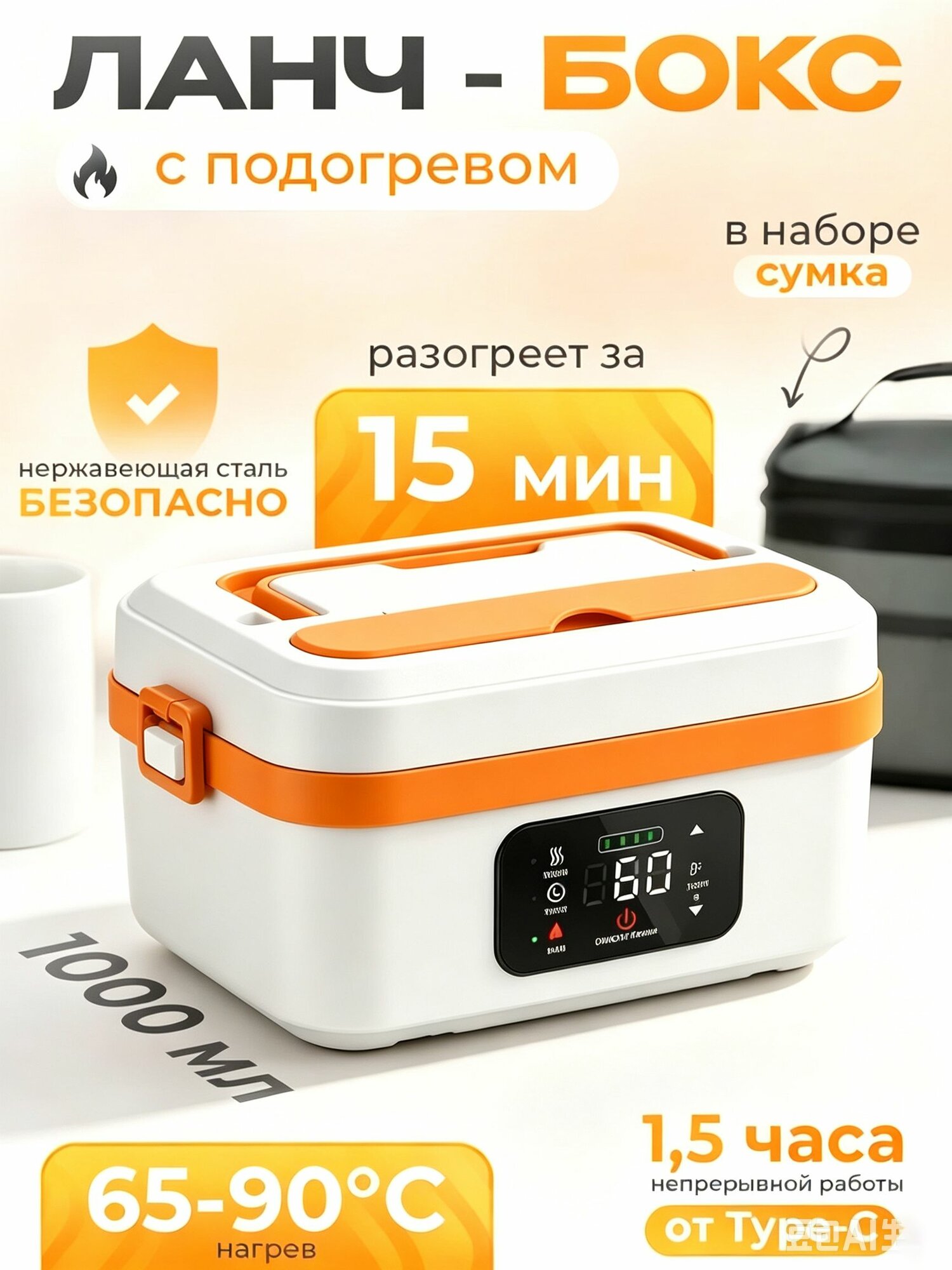 Беспроводной ланч‑бокс с подогревом 1 л, аккумулятор 16000 мАч, электрический контейнер для горячей еды