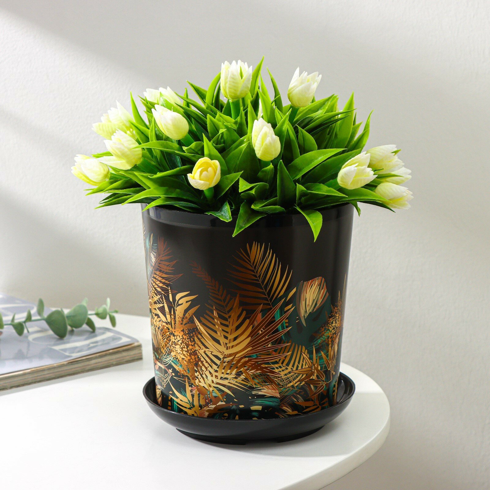 Горшок для цветов с поддоном Доляна «Голди. Листья» 16 л d=14 см h=155 см цвет чёрный 9104766