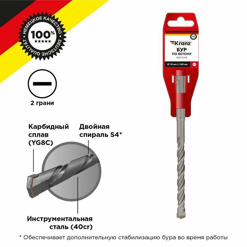 KR-91-0013 Бур по бетону Kranz 10x160мм SDS PLUS