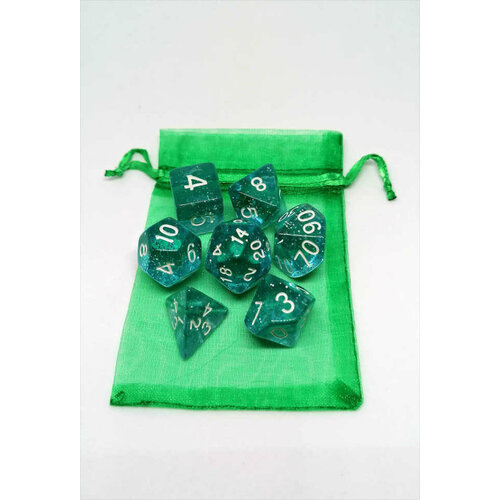 Набор кубиков для игры DnD в мешочке прозрачно - голубой с блестками (DnD66)
