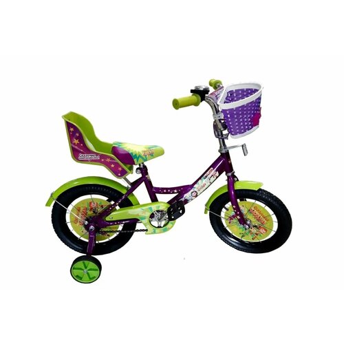 Велосипед двухколесный 14 Сказочный Патруль a-тип фиолетовый-салатовый передняя и задняя корзина страховочные колеса звонок 849900₽
