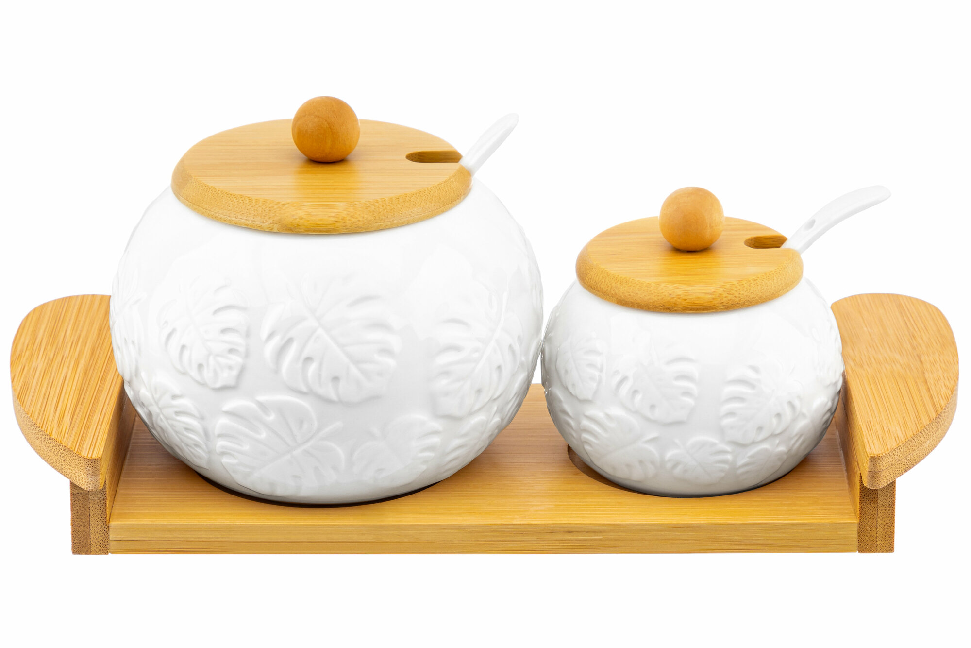 фото Набор сахарница 550 мл + солонка 170 мл Elan Gallery "Тропики" с 2 ложками на деревянной подставке