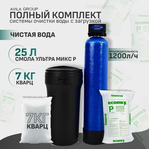 Комплект системы очистки воды с загрузкой AVILA-PRO 1044 Runxin F65P3 -1200л/ч. Умягчение воды и очистка от железа с ионообменной смолой Ультра Микс P 25л и кварц 7кг в сборе.