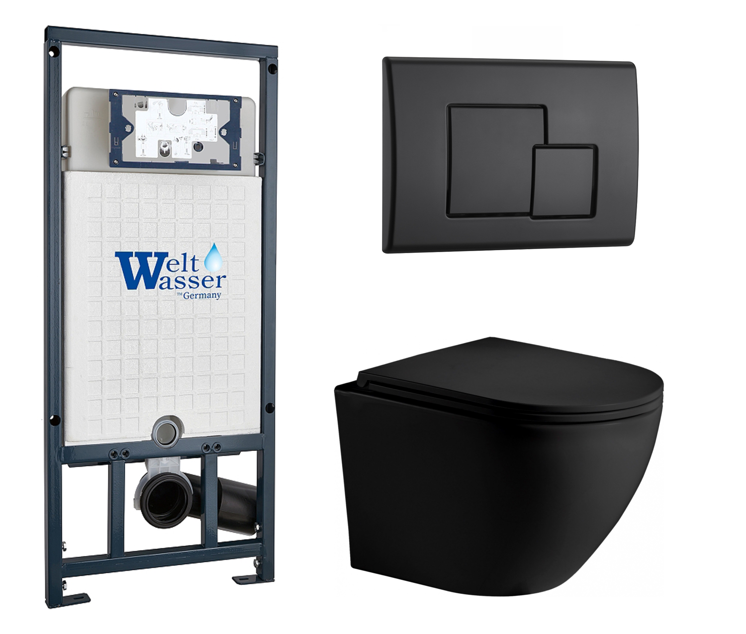Комплект 3 в 1 инсталляция WeltWasser WW Amberg 507 + Унитаз подвесной Weltwasser WW Merzbach 041 MT-BL черный с кнопкой черной SE 10000005949 + 10000010239 + 10000008255