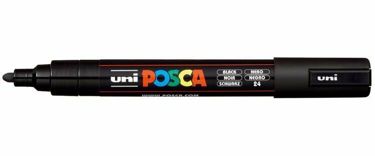 Маркер POSCA PC-5M, черный, 1.8 - 2.5 мм, пулевидный наконечник №24,