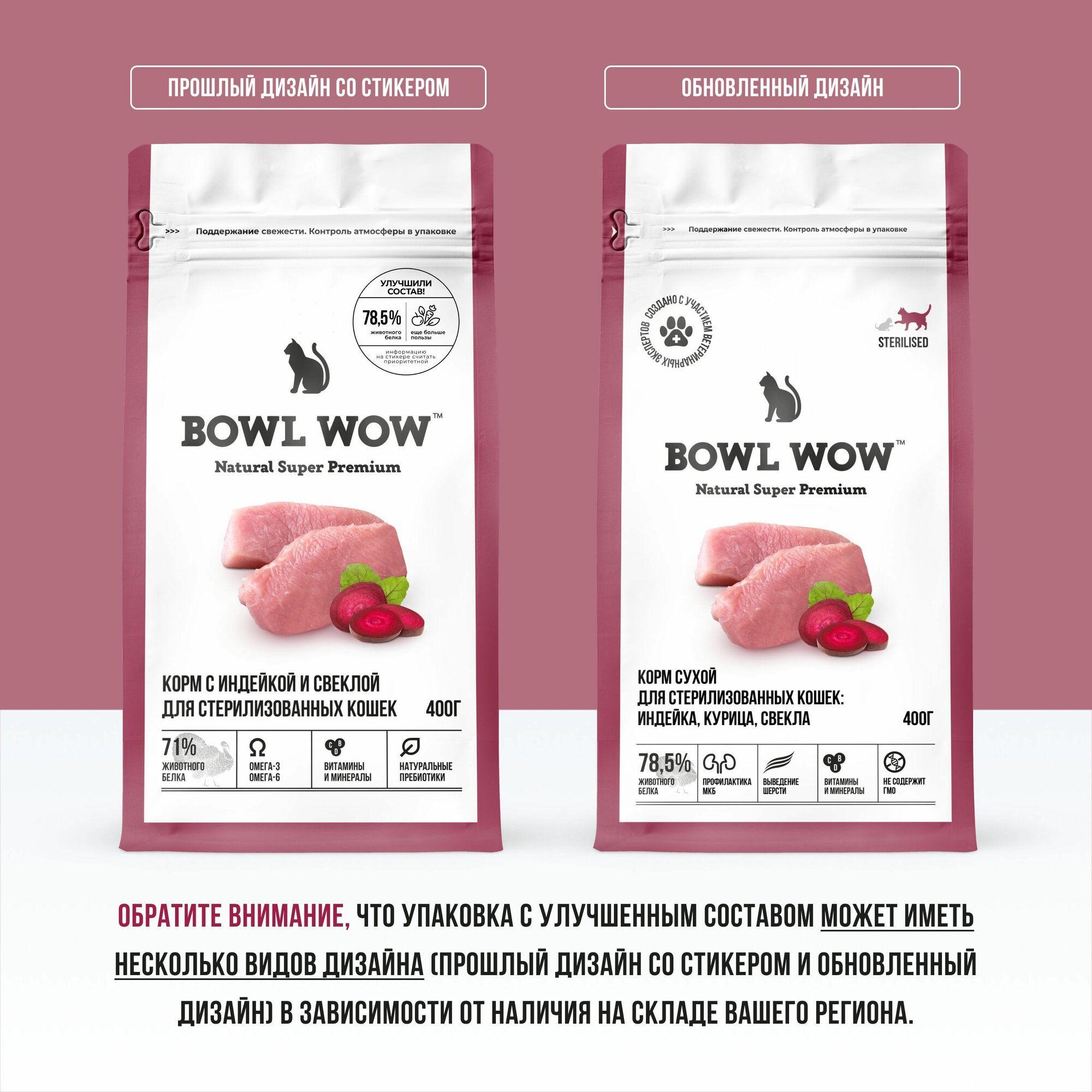 Корм для кошек сухой BOWL WOW для стерилизованных и с чувствительным пищеварением с индейкой, курицей и добавлением свеклы 400гр — фото 1