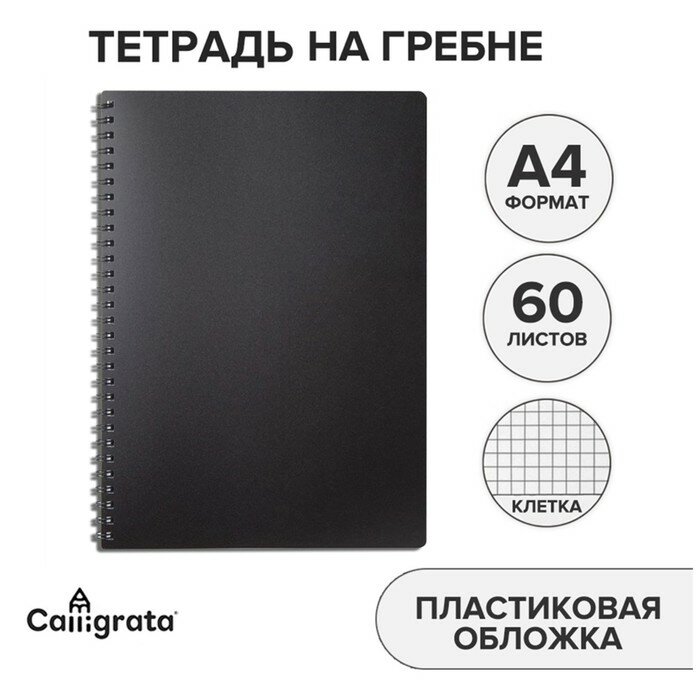 Calligrata Тетрадь на гребне A4 60 листов в клетку "Чёрная", пластиковая обложка, блок офсет