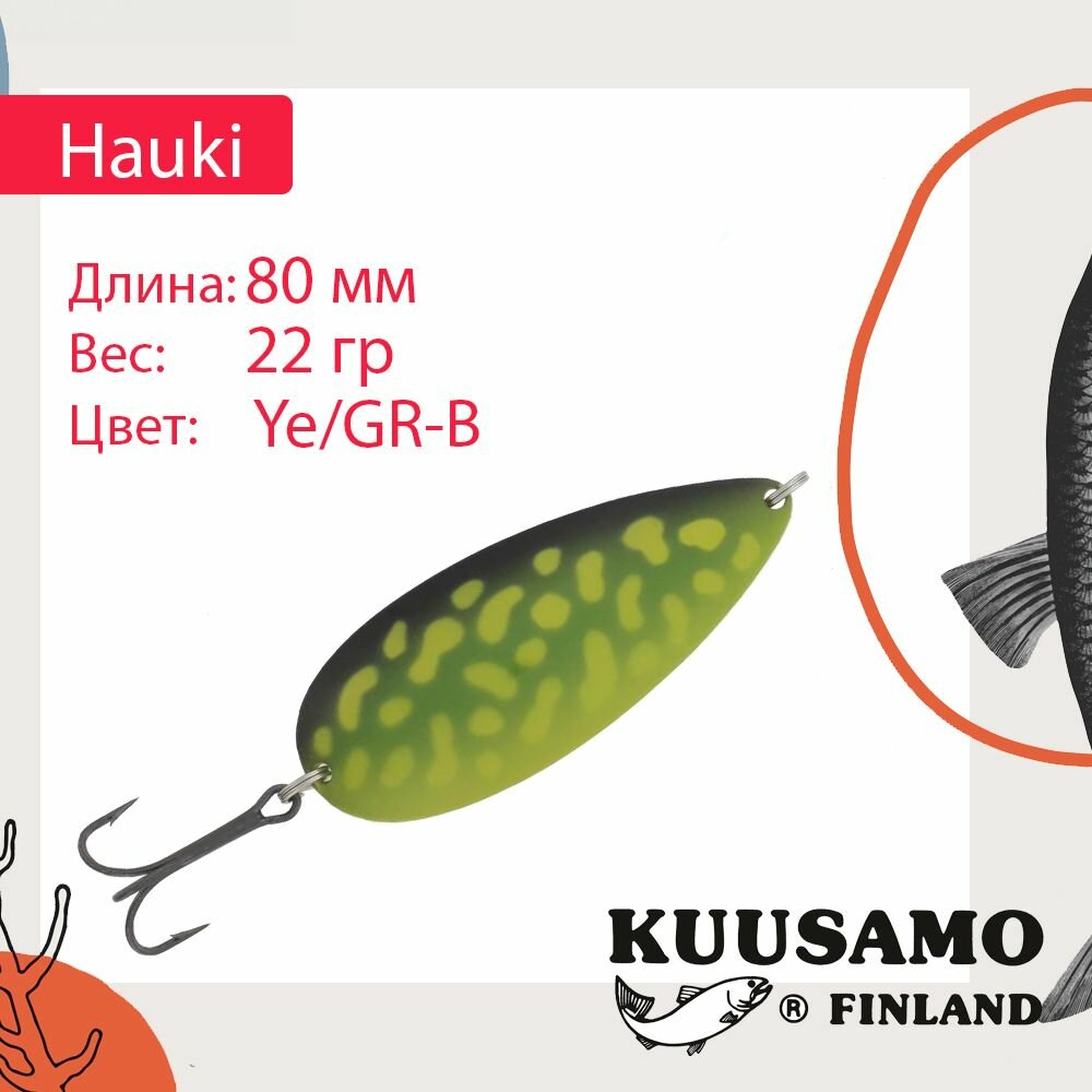 Блесна для рыбалки Kuusamo Hauki 80/22 Ye/GR-B, UV (колеблющаяся)