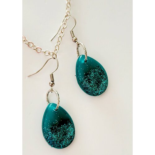 Серьги , размер 20 мм, серебряный, зеленый