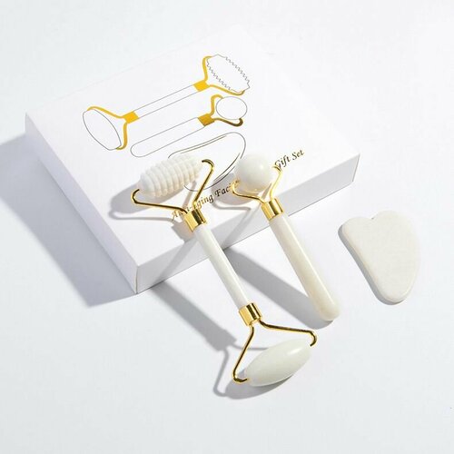 Нефритовый набор: роликовый массажер для лица, тела и скребок гуаша 3в1