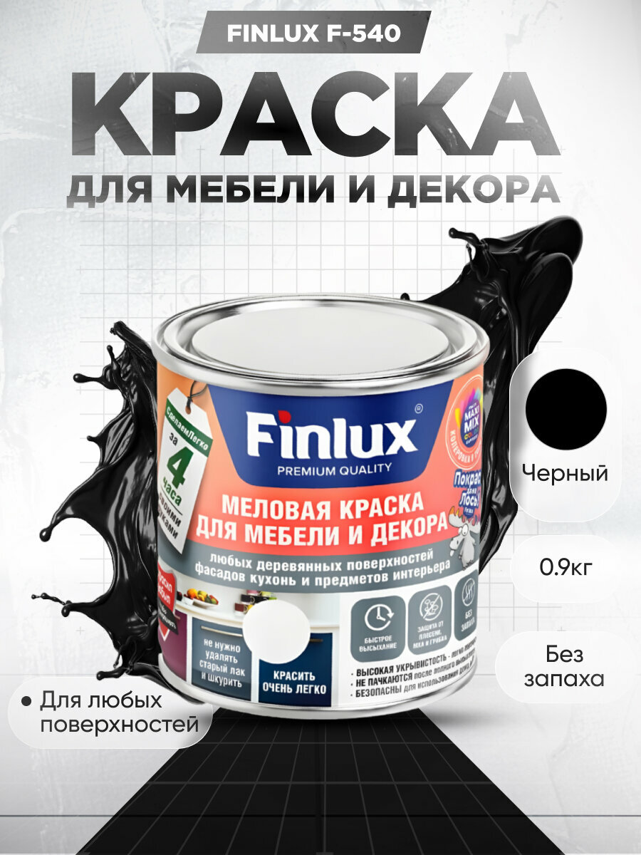 фото Краска для мебели и декора любых деревянных поверхностей, кухонь и предметов интерьера Finlux F-540-Черный-0,9 кг