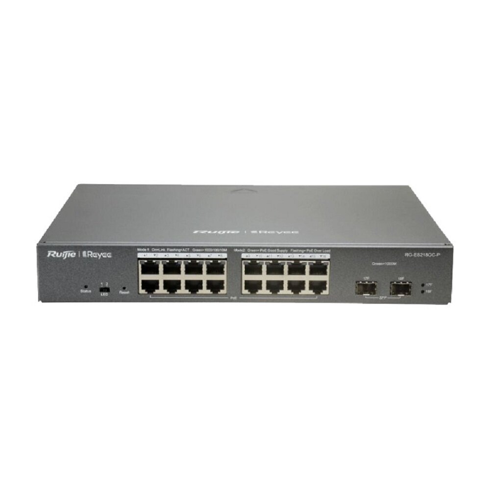 Коммутатор Reyee 18-Port Gigabit Smart POE Switch, 16 Gigabit RJ45 Ports including 16 POE/POE+ Ports, 2 SFP Slots, 240W PoE power budget,13-inch Rack-mountable Steel Case (RG-ES218GC-P) Ruijie - фото №3
