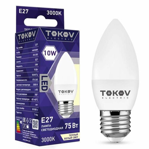 Лампа светодиодная TOKOV ELECTRIC, 10 Вт, С37, 3000 К, Е27, 176-264В ...