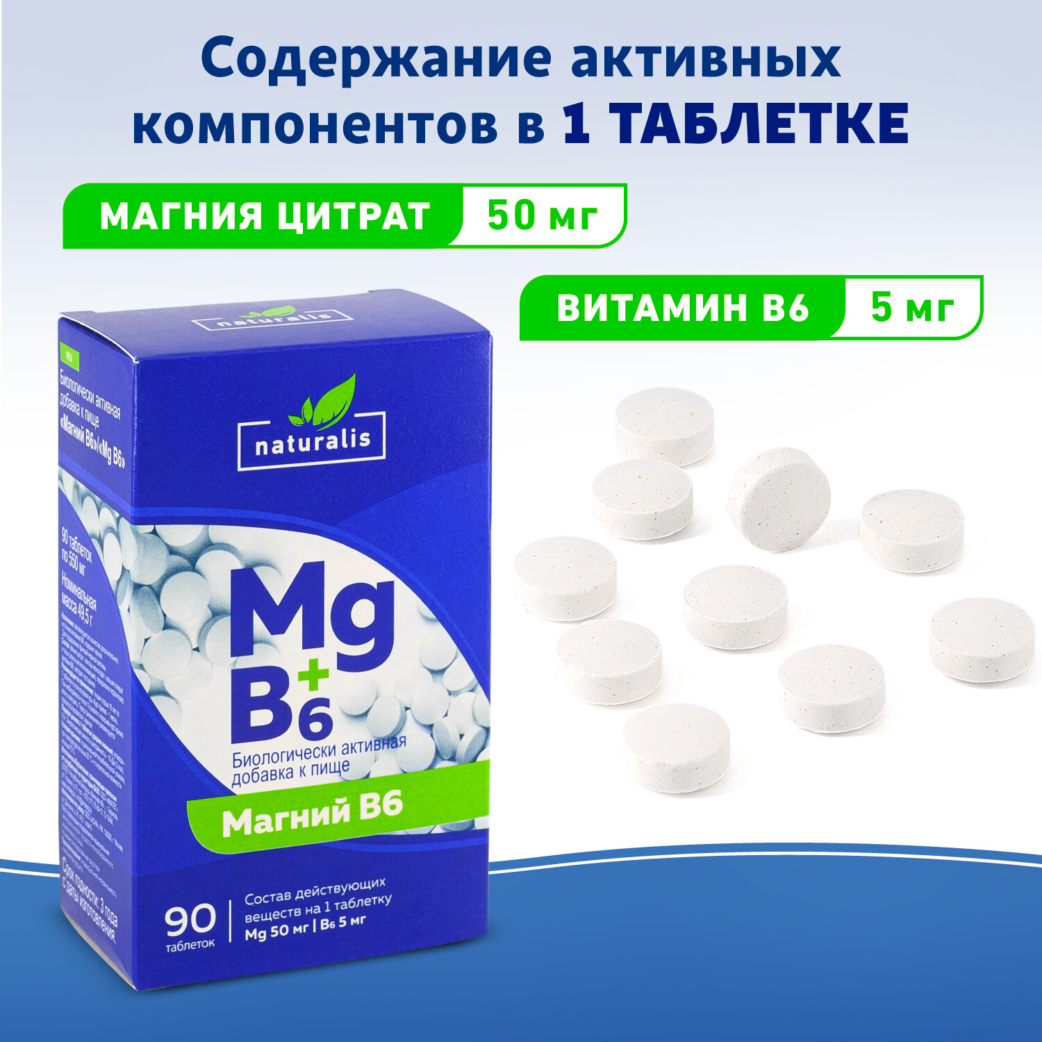 Натуралис -успокоительное, антистресс, цитрат магния, магний B6 комплекс витаминов для нервной системы, сна, памяти, от стресса, глицинат магния, 90 таблеток — фото 1