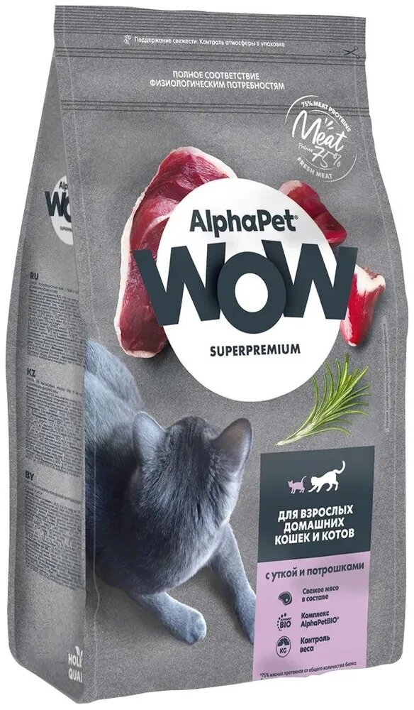 AlphaPet WOW Superpremium Сухой корм для кошек Утка и Потрошки 1.5кг