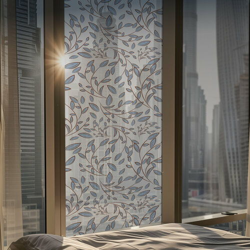 Самоклеящаяся пленка наклейка на окно витражная 65х156 см, голубые листья на окно, на дверь, на стекло, витраж для интерьера, самоклейка матовая с рисунком