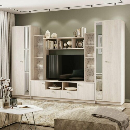 Стенка в гостиную зарина с полками, шкафы и тумбой под ТВ