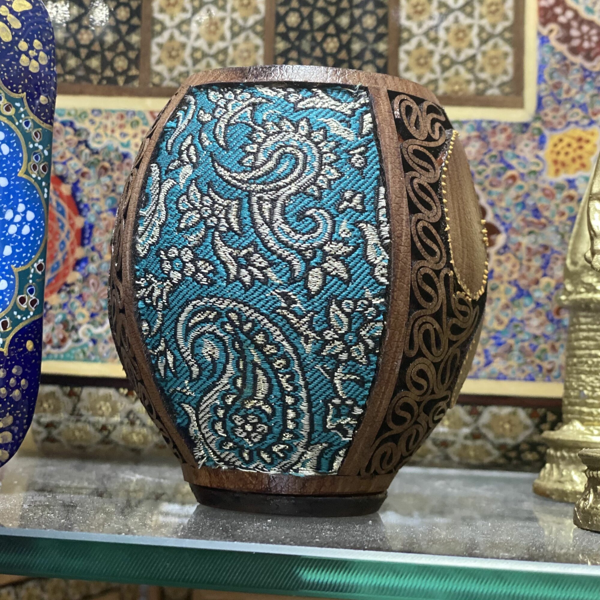 Пенал Персидский базар, для карандашей/ручек, 9.5х5.5 см, голубой/бежевый, натуральная кожа