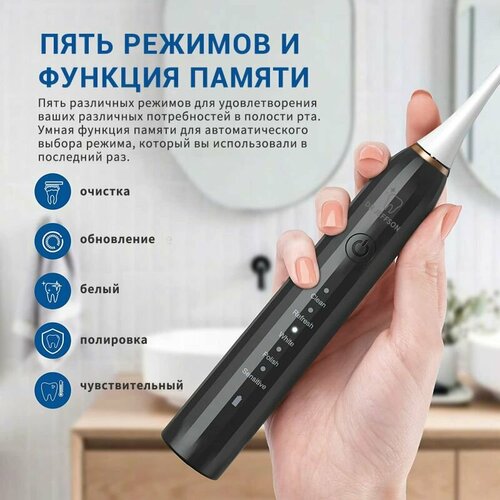 Электрическая зубная щетка Dr Jeffson Smart Sonic ультразвуковая 6 сменных насадок черная 1433₽