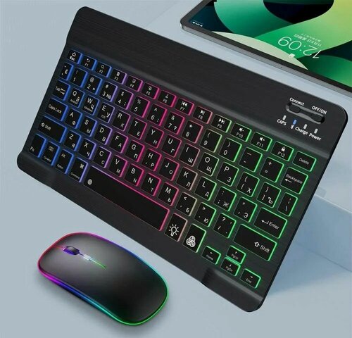 Изображение товара Беспроводная клавиатура и мышь с rgb подсветкой для телефона и планшета с bluetooth для Android/IOS/Windows черная